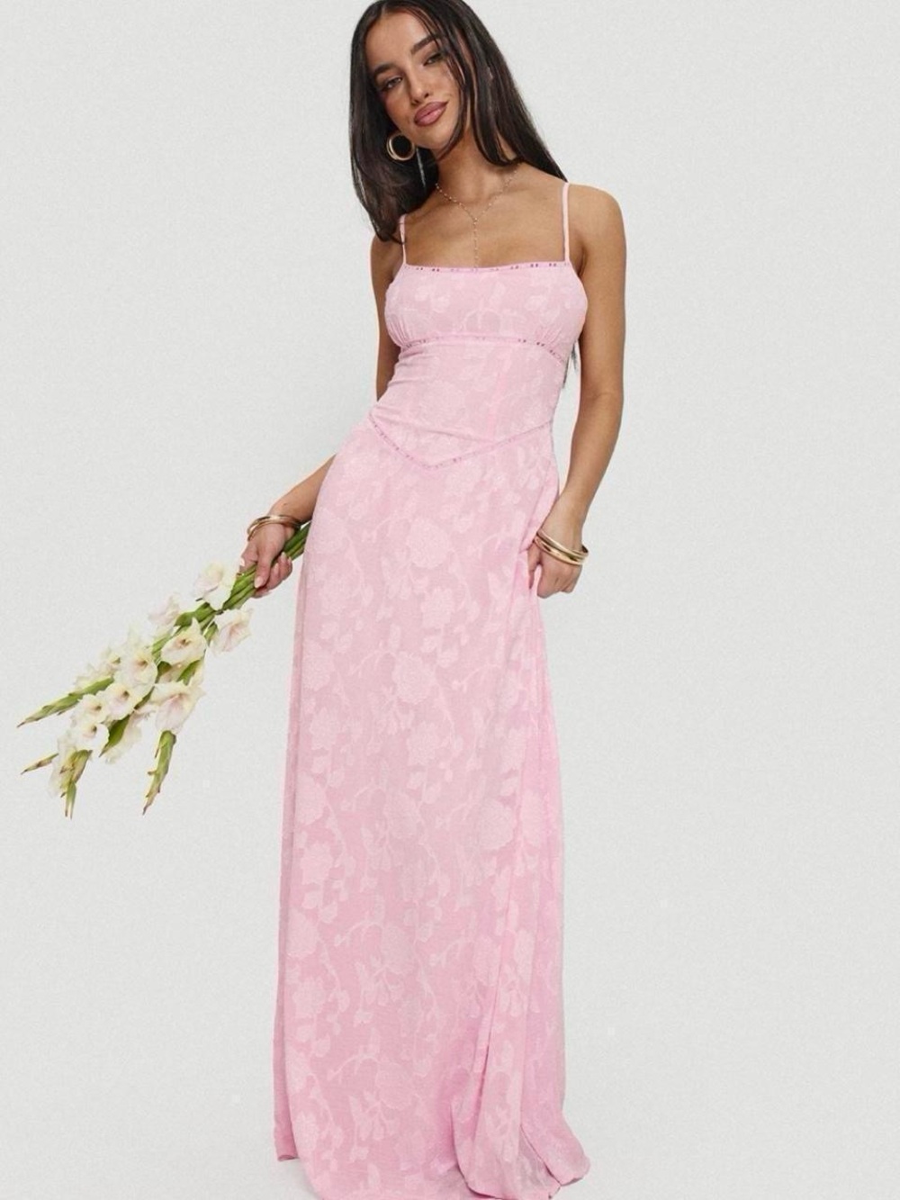 Princess Polly Pale Pink Jacquard Spaghetti Strap Maxi Dress